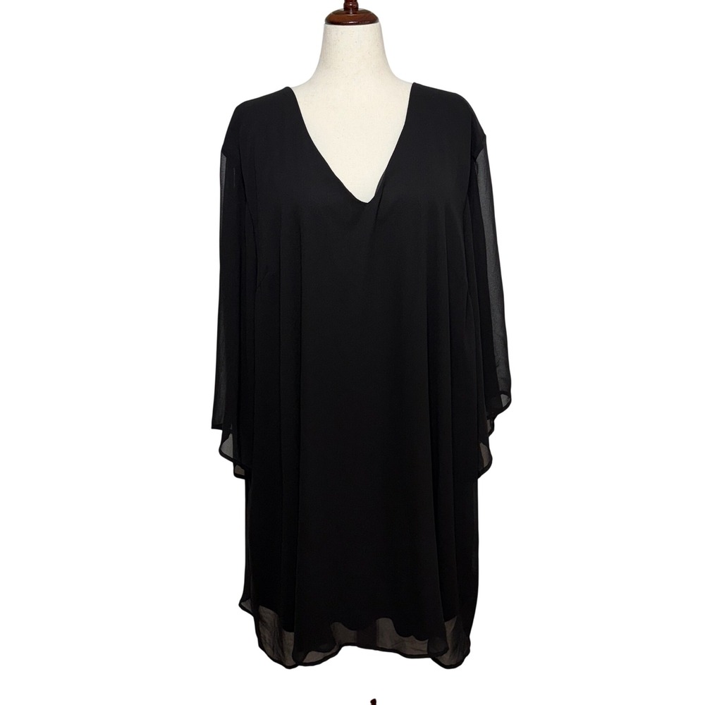 NEW Torrid Dress 4X Black Midi 3/4 Split Flutter Sleeve V-Neck Shift Pullover